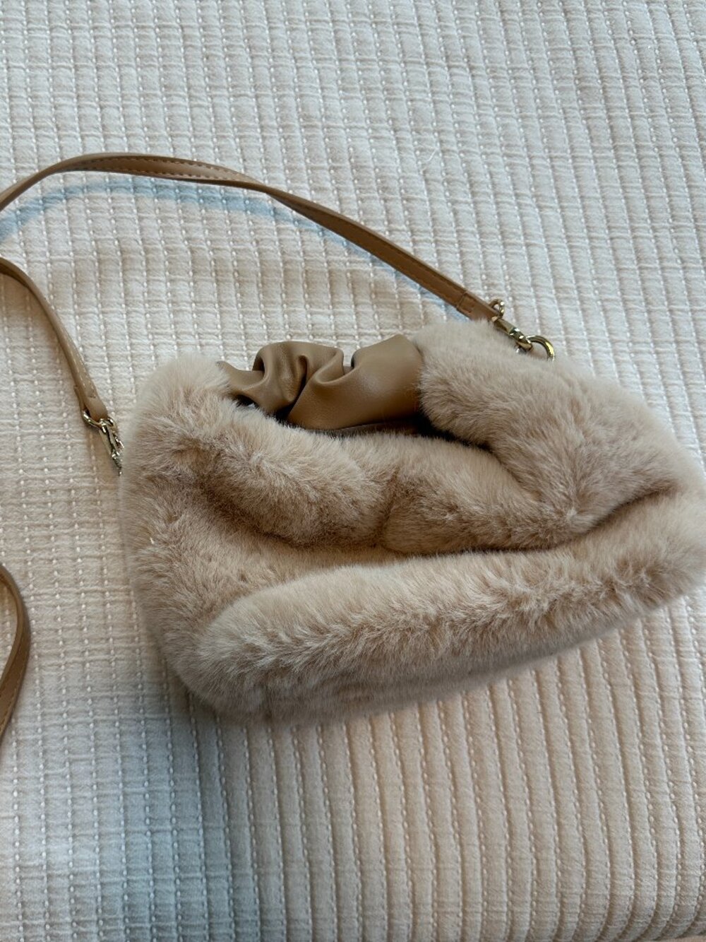 Beige Faux Fur Fuzzy Crossbody Shoulder Bag with Removable Strap